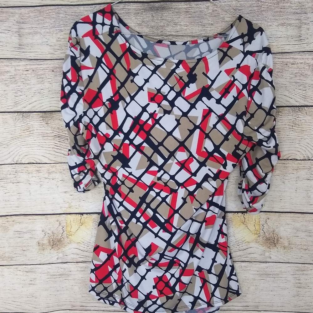 Alfani Ruched 3/4 Sleeve Pattern Top Blouse M